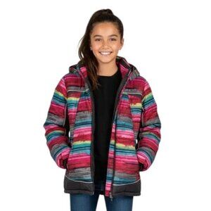Mint Girl Kids Multicolor Striped Snowflake Hooded Winter Puffer Jacket Sz 10/12